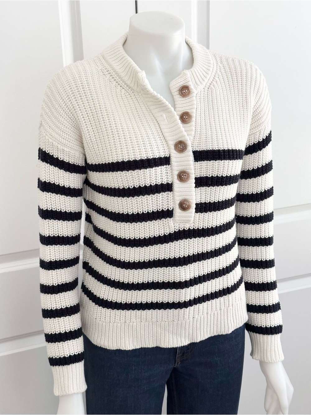 Elie Tahari Ivory & Navy Striped Button Front Henley Knit Sweater - Fall/ Preppy